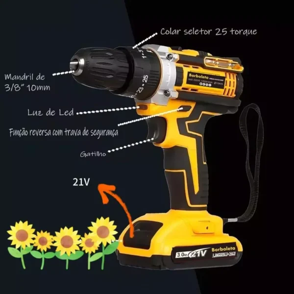 Parafusadeira de 13mm 21V Drill Kit + 2 Batteries - Imagem 2