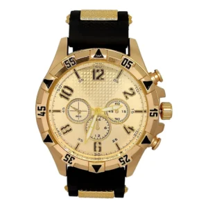 Relógio masculino com pulseira de borracha preta e dourada à prova d'água