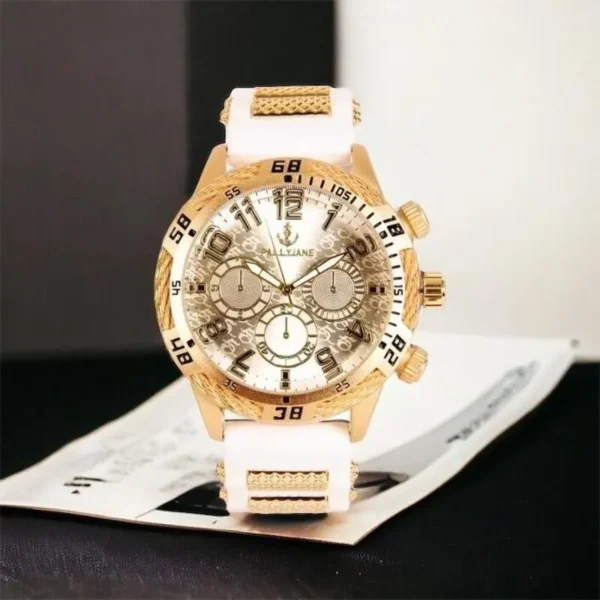 Relógio masculino com pulseira de borracha preta e dourada à prova d'água - Imagem 4