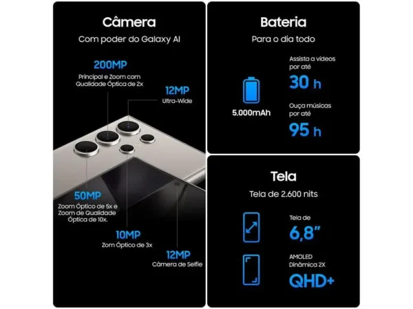 Smartphone Samsung Galaxy S24 Ultra 6,8 "Galaxy AI 256GB Titanium Black 5G 12GB RAM Camera. 200MP Quad + Selfie 12MP 5000mAh - Imagem 4