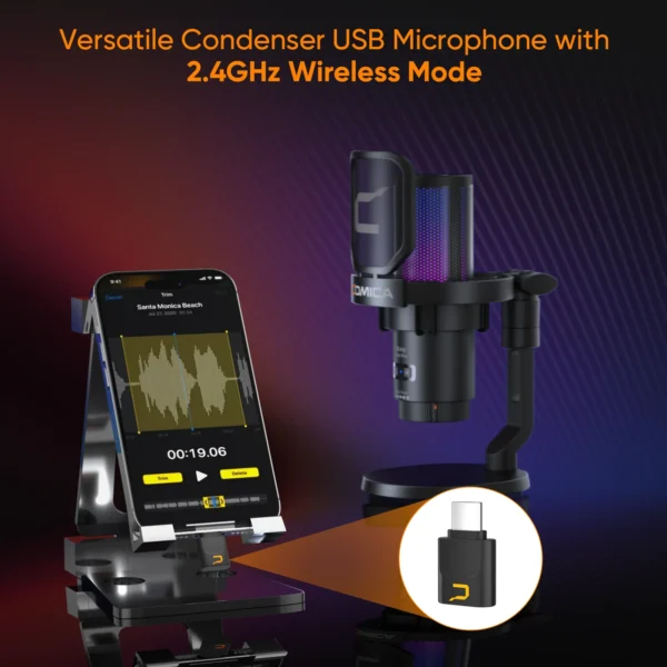 Comica Uni Pro Wireless USB Microphone gamer com luz RGB - Imagem 3