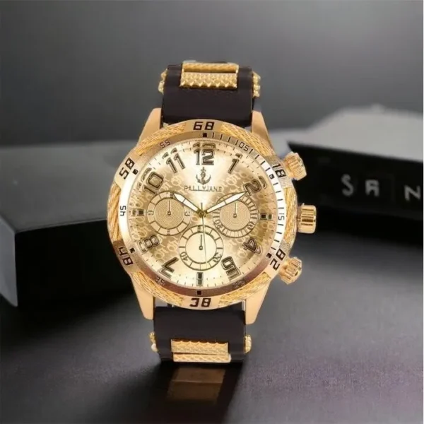 Relógio masculino com pulseira de borracha preta e dourada à prova d'água - Imagem 8